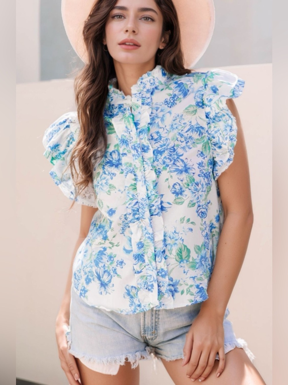 Floral Print Ruffle Sleeve Frilly Button Up Shirt